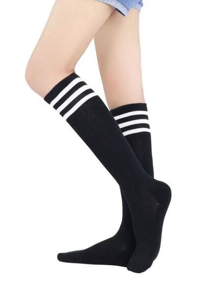 TİSTA Black and White Striped - Below the Knee Cotton Women's Socks