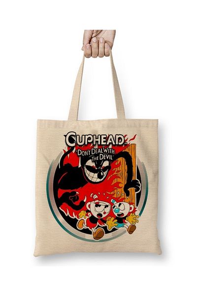 Baskı Dükkanı Cuphead Don't Deal With The Devil υφασμάτινη τσάντα με μακριά λαβή