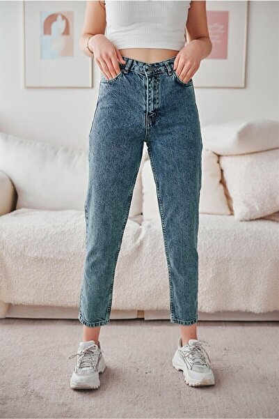 LİMABEL Blue Mom Jeans Lycra Talie înaltă Blue Snow Washed Mom Jeans Pantaloni Extra Comozi