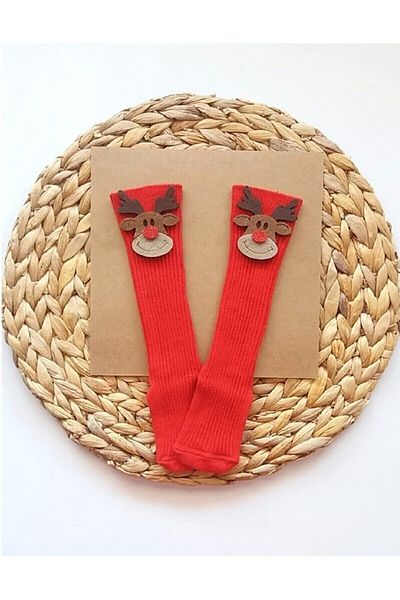 Panowill Design Girl Boy Baby Cute Deer Felted New Year's Stockings Red Knee-Length New Year's Socks