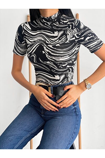 ladyzey Body de damă Half Fisherman cu mânecă scurtă imprimat cu model carame...