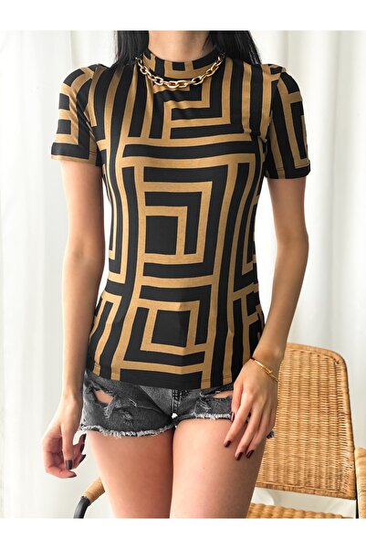 ladyzey Women's Half Turtleneck Geometric Patterned Printed Short Sleeve Body