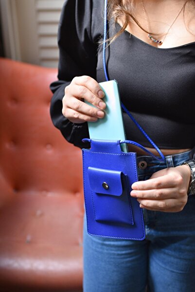 DK LEATHER Синя сумка на ремінці через плече для маленького телефону / Сумка для прогулянок, сумісна з усіма телефонами
