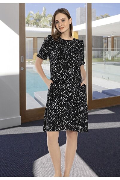 ESRATEKS Yaka Ve Kol Fırfır Detaylı Puantiyeli Elbise