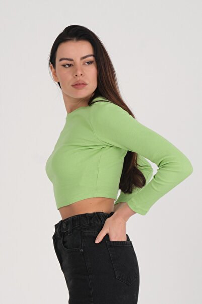 PUNKY CAT Women's Pistachio Green Long Sleeve Ribbed Blouse Crop Knitted T-Shirt