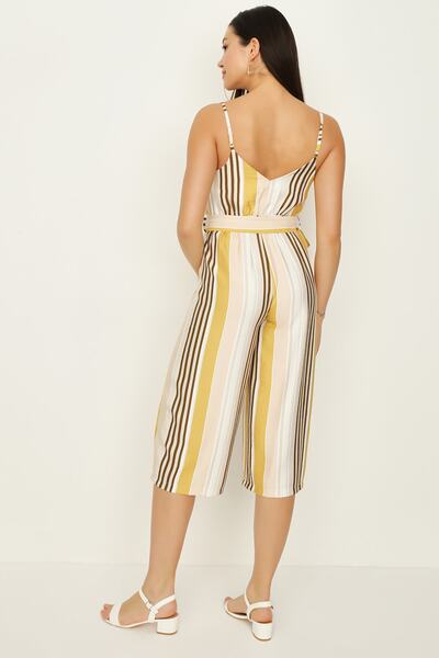 Select Moda Γυναικεία φόρμα με ρίγες μουστάρδας με κουμπιά μπροστά και ζώνη