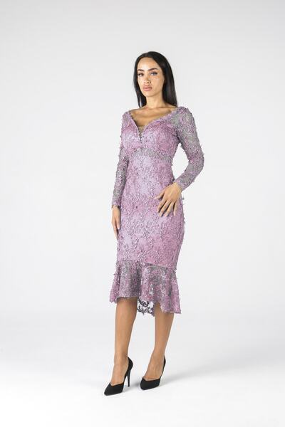 ALİS DRESS Eteği Volanlı Uzun Kollu Lavanta Dantel Elbise