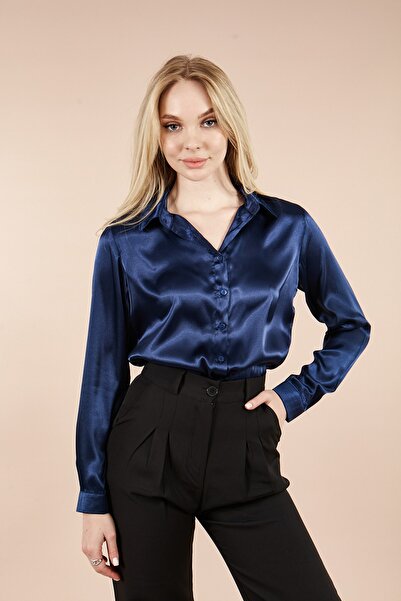 MEECY Women's Navy Blue Light Draped Satin Surface Shirt
