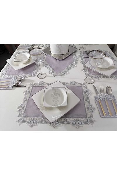 Lady Rio American Serving Embroidered Plate and Runner Set Table and Presentation Set for 6 Persons Gray-silver Color