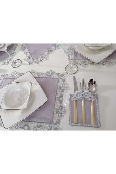 Lady Rio American Serving Embroidered Plate and Runner Set Table and Presentation Set for 6 Persons Gray-silver Color