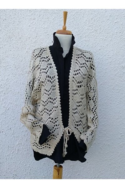 Hippybutik Kemik Ajurlu Yün El Örgüsü Hırka