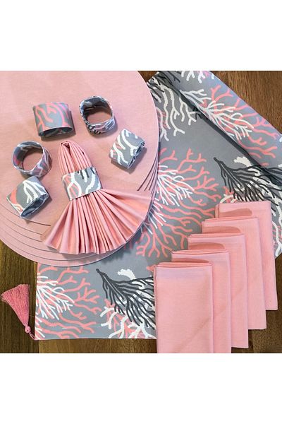 desen izmir American Service, Pink Coral 6 Plates, 6 Napkins, 6 Napkin Rings and Runner Tk4