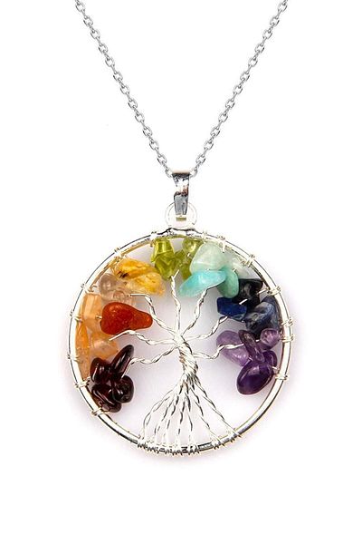 Armis Wire Wrapped 7 Chakra Tree of Life Natural Stone Pendant