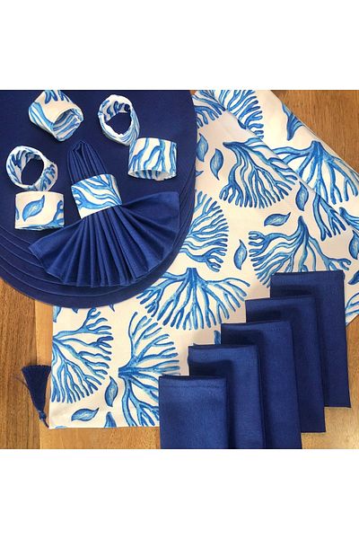 desen izmir American Service, Blue Coral 6 Plates, 6 Napkins, 6 Napkin Rings and Runner Tk4