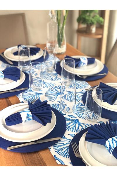 desen izmir American Service, Blue Coral 6 Plates, 6 Napkins, 6 Napkin Rings and Runner Tk4