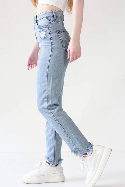 fehika Blugi Mom din denim, de damă, albaștri, spălați cu zăpadă, rupti, detaliați, cu un singur genunchi