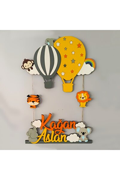 Atölye Selçukum Balonlu Hayvanlı Işıklı Bebek Ahşap Kapı Süsü