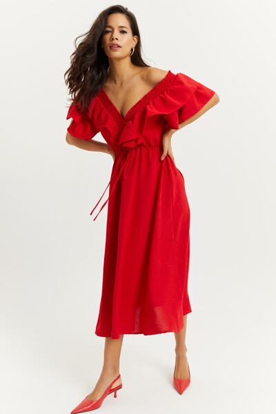 Cool & Sexy Women's Red Front Back V Flounce Dress KS113