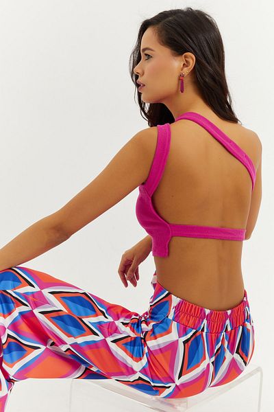 Cool & Sexy Women's Fuchsia One-Shoulder Backless Crop Blouse
