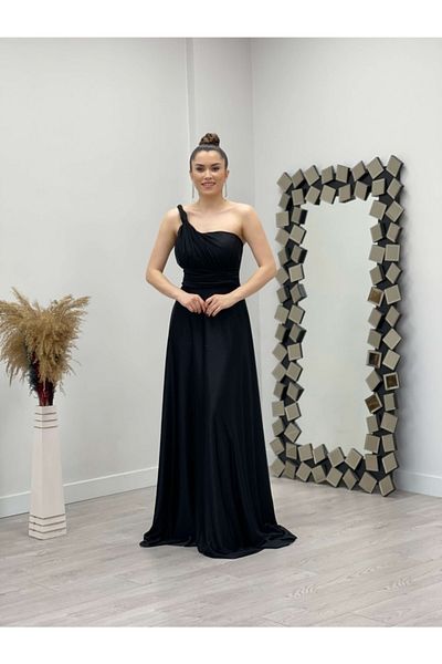 giyimmasalı One Shoulder Glitter Tulle Dress - Black