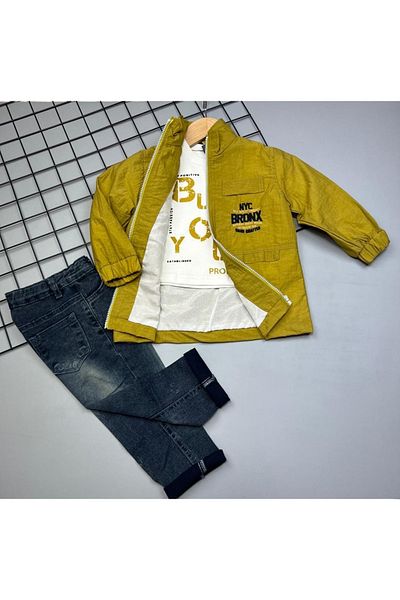 Sparrow Laurel 3-Piece Holiday Set - Kids Mustard Raincoat Sweatshirt and Lycra Jean Pants