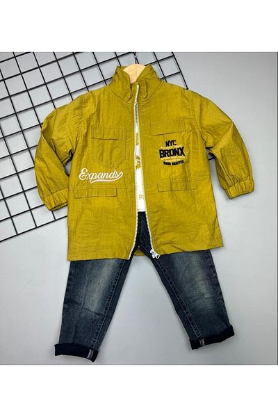 Sparrow Laurel 3-Piece Holiday Set - Kids Mustard Raincoat Sweatshirt and Lycra Jean Pants