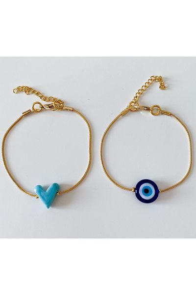 CHARMLUCKY Murano Heart-Evil Eye 2 Piece Bracelet