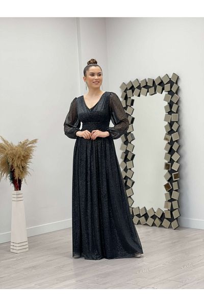 giyimmasalı Φόρεμα Glitter Fabric Collar Gathered Λεπτομερές Φόρεμα - Μαύρο