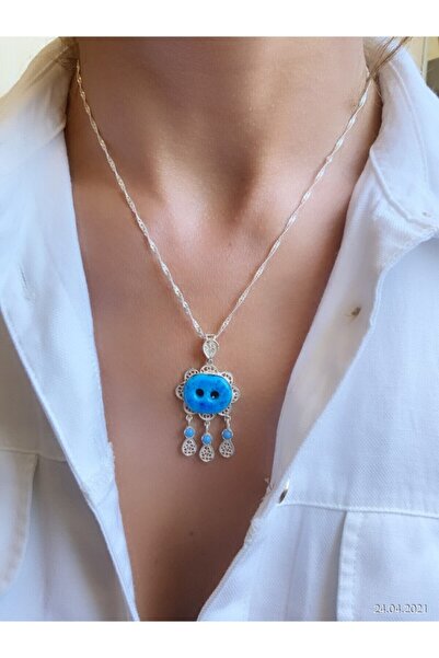 Redstone Store Kadın Gümüş Iki Delikli Telkari Süryani Nazar Boncuğu Kolye