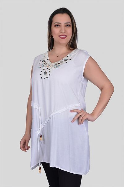 Sude Svp Collar Bead Embroidered Sleeveless White Tunic 4003