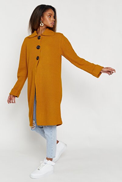 Hopoi Жіночий гірчичний кардиган з коміром на ґудзиках 40002