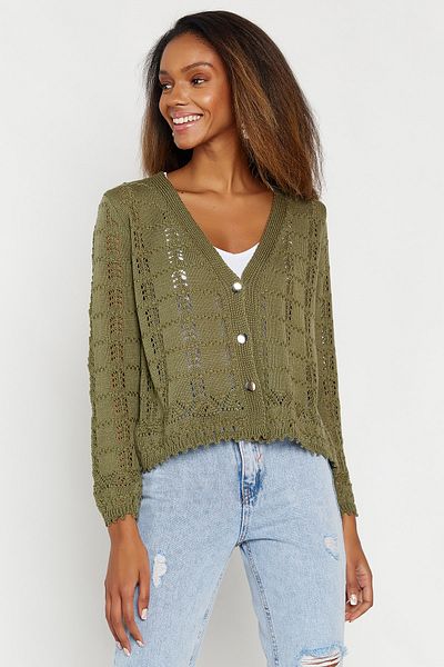 Hopoi Women's Khaki Buttoned Crop Cardigan 40038