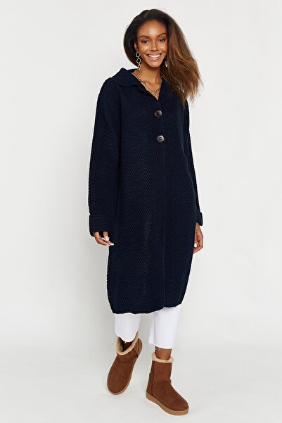 Hopoi Жіночий темно-синій кардиган з коміром-стійкою та ґудзиками 40002