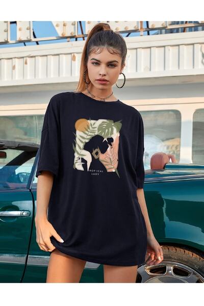 Deocept Tricou oversize cu imprimeu Tropical Lady pentru damă