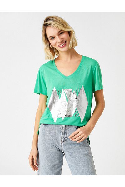Koton Tricou cu paiete imprimat cu decolteu in V