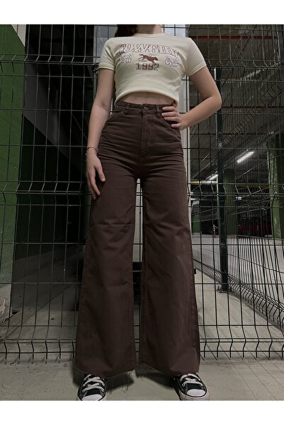 Gofeel Kahverengi Palazzo Jean Bol Paça Oversize Denim Unisex Pantolon