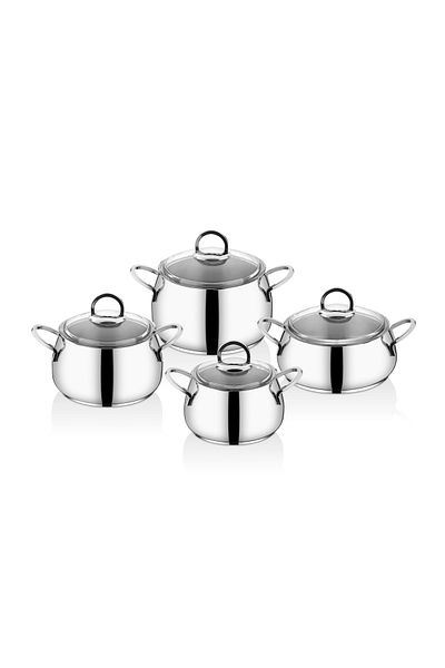 İNTER CELİK Inter Steel Hanzade Model Pot Set with Glass Lid 8 Pieces
