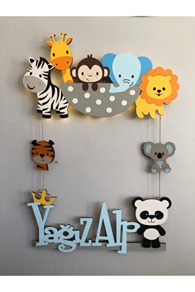 Atölye Selçukum Işıklı Ahşap Bebek Odası Kapı Süsü - Safari Hayvanlar