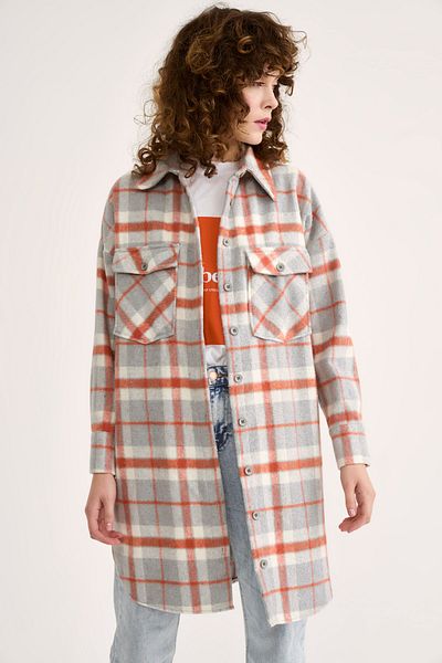 Sateen Plaid Patterned Long Shirt - Tile