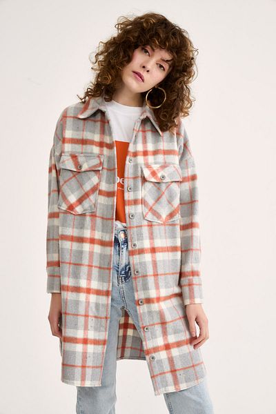 Sateen Plaid Patterned Long Shirt - Tile