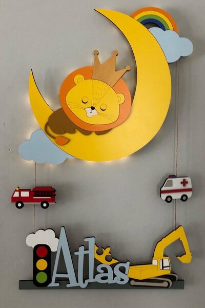 Atölye Selçukum Işıklı Ahşap Bebek Odası Kapı Süsü - Aslan
