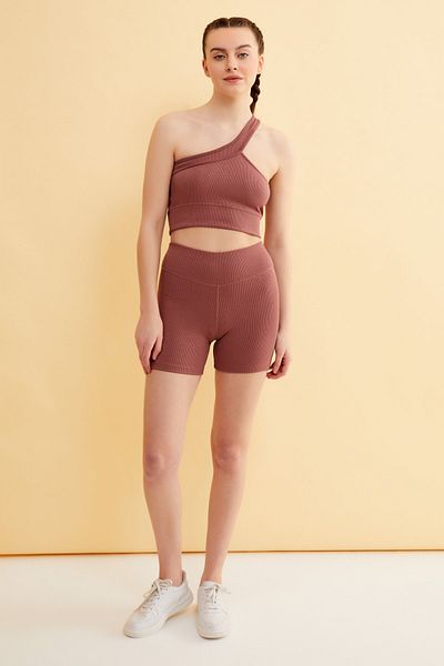 Runever Dried Rose High Waist Ribbed Sports Bustier Shorts Set 22610