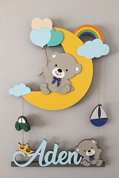 Atölye Selçukum Işıklı Ahşap Bebek Odası Kapı Süsü