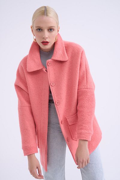 Sateen Pocket Detailed Boucle Coat - Powder