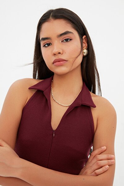 Trendyol Collection Claret Red Fitted Polo Collar Mini Ribbed Flexible Knitted Pencil Dress TWOSS22EL1981