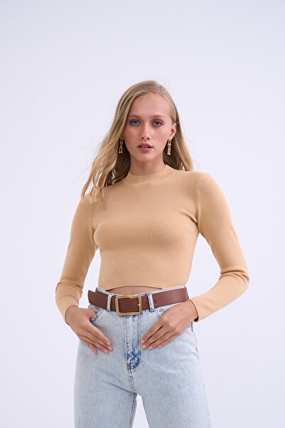 Sateen Yarım Balıkçı Triko Crop - Bisküvi