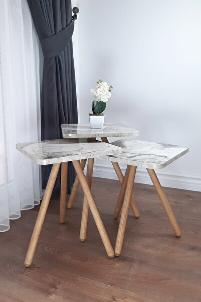 interGO Üçlü Zigon Sehpa Ahşap Ayaklı Kare Mermer Desenli Tasarım Efes