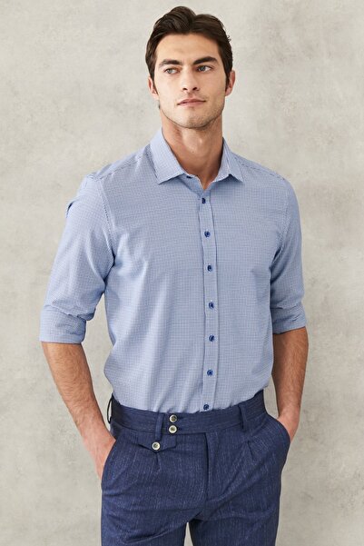 ALTINYILDIZ CLASSICS Cămașă Dobby cu guler clasic pentru bărbați, alb-albastr...