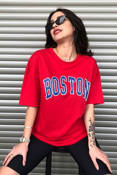 Machetta Boston Printed Red Oversize Women's T-shirt