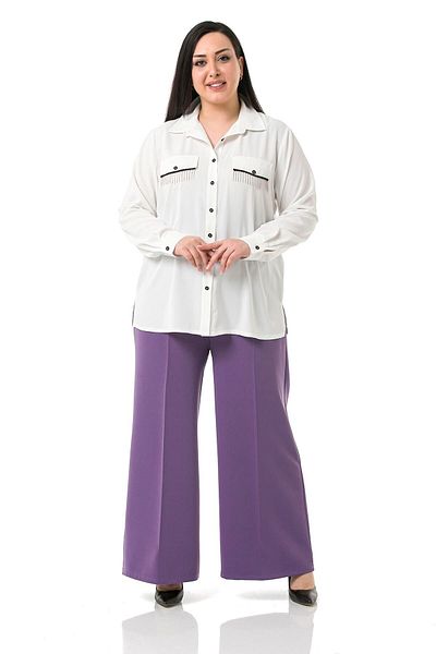 DISENTIS MODEST Plus Size - Side and Back Elastic Wide Leg Double Purple Trousers